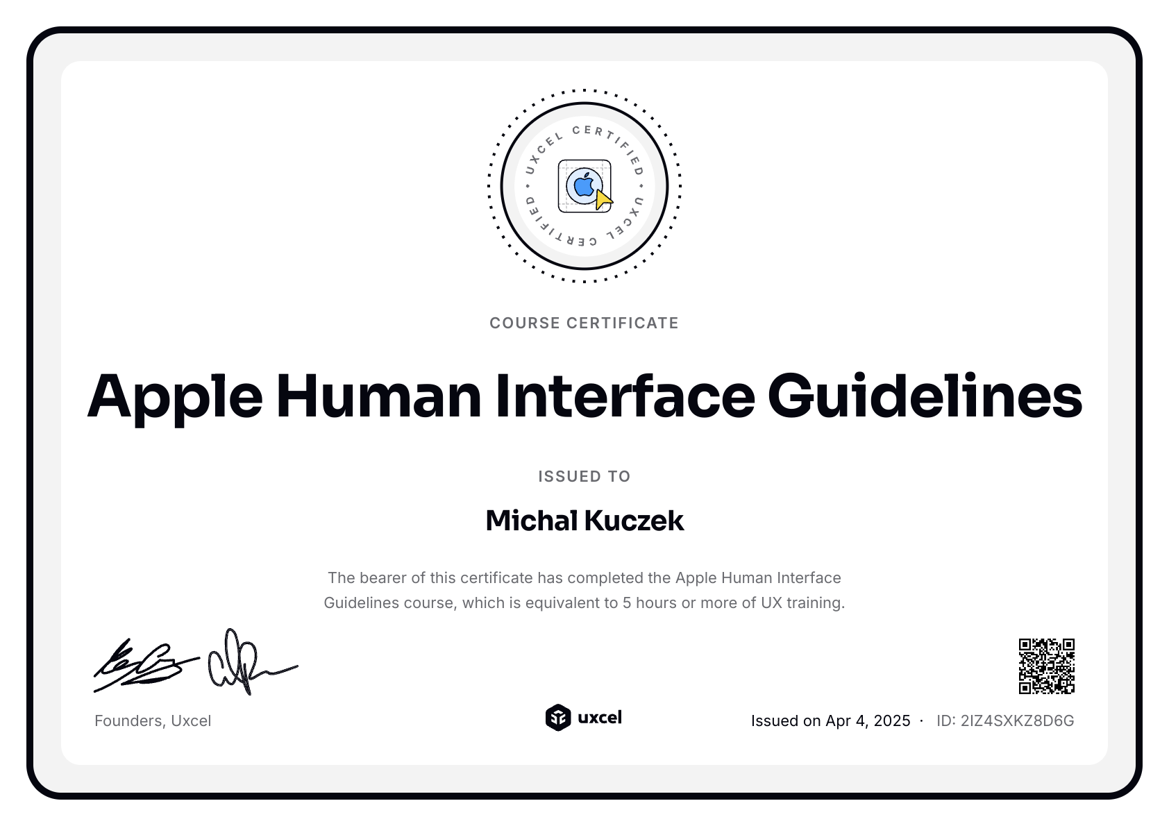 Michal Kuczek's certificate